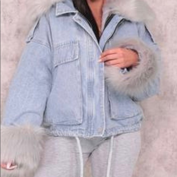 Jackets & Coats Blue Denim Grey Faux Fur Fluffy Over Sized Jacket — free download